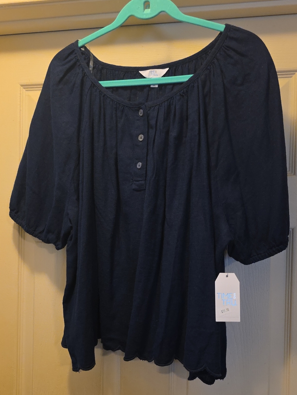 Time And Tru Navy Scoop Neck Linen Blend Button Peasant Top